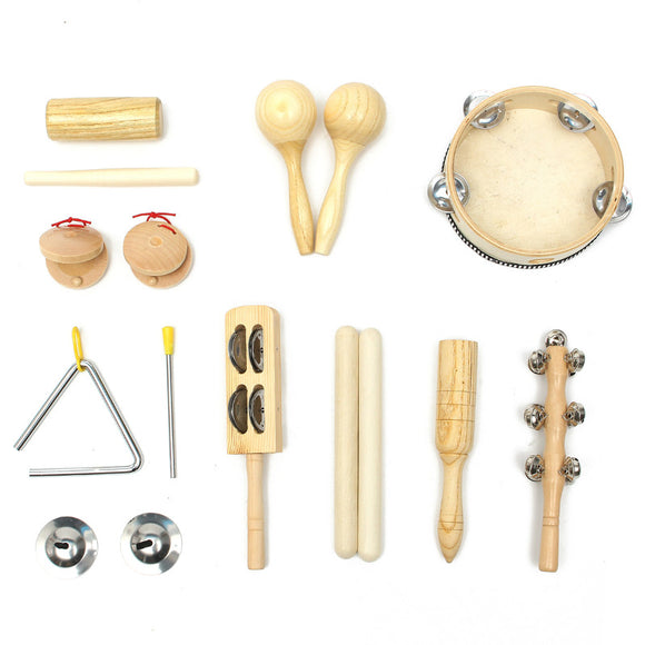 10pcs Percussion Set Wooden Kid Children Toddler Musical Instrument Toys Band Kit