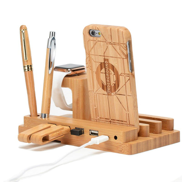 Bamboo Wood 4 Port USB Charging Dock Station Stand Holder For Smart Phone