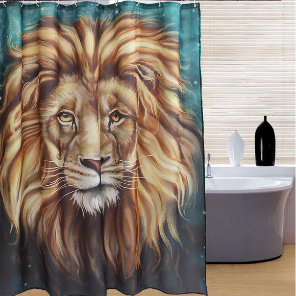 180x180cm Waterproof Mildew Proof Lion Pattern Polyester Shower Curtain Bathroom Decor with 12 Hooks