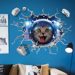 Miico Creative 3D Space Astronaut Cat Broken Wall PVC Removable Home Room Decor Sticker