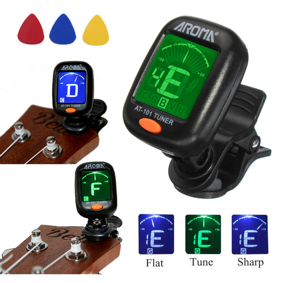 Electric Chromatic Digital LCD Tuner Clip-On Guitar Violin Ukulele Bass With 3 Picks