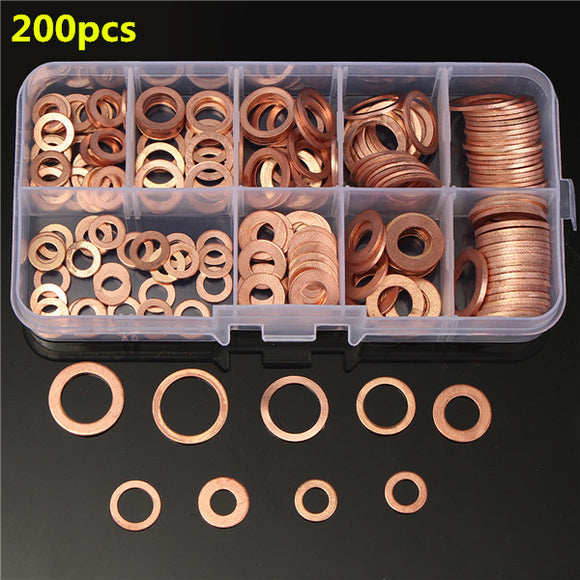 200PCs Solid Copper Washers Sump Plug Assorted Washer Kits 9 Sizes
