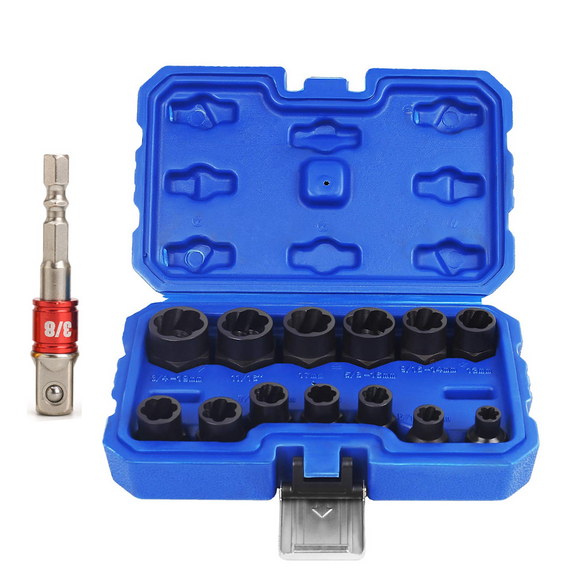 Drillpro 14Pcs Impact Damaged Bolt Nut Remover Extractor Socket Tool Set with Socket Nut Adapter Bolt Nut Screw Removal Socket Wrench