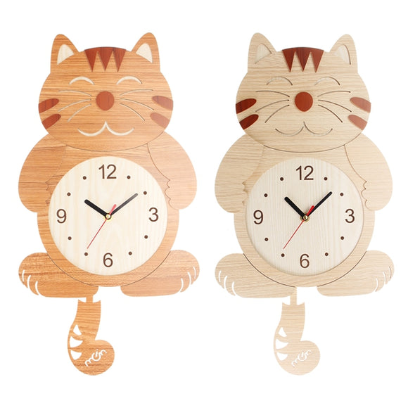 Wooden Wall Clock Cat Dog Swinging Tail Pendulum Battery Operated Room Creative Decor
