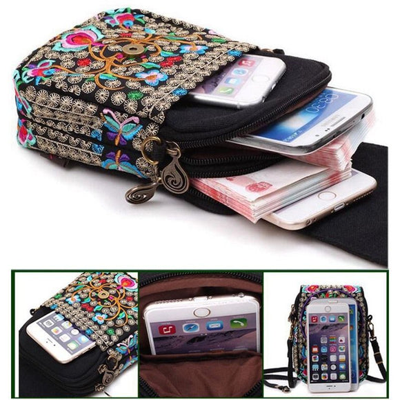 Women Mini Embroidered Flower Wallet Case Cash Crossbody Zipper Phone Bag for Phone under 6.5 inches