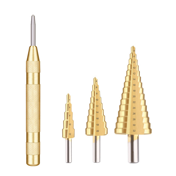 4-12/20/32mm HSS Golden Step Cone Drill Bit With Center Punch Tools Kit