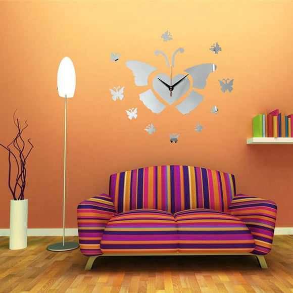 DIY 3D Flying Butterfly Wall Clock Mirror Acrylic Home Decor