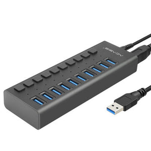 USB 3.0 Hub Fast Speed Splitter,10 Port USB Data Hub with Power Adapter,Individual On/Off Switches and Lights for Laptop, PC, Computer, Mobile HDD