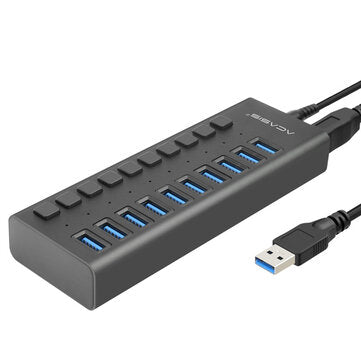 USB 3.0 Hub Fast Speed Splitter,10 Port USB Data Hub with Power Adapter,Individual On/Off Switches and Lights for Laptop, PC, Computer, Mobile HDD