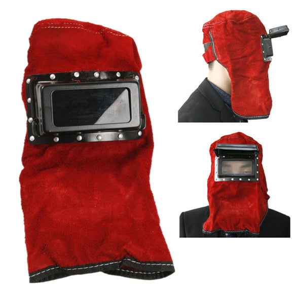 Red Leather Face Neck Protected Lens Glasses Welding Hood Helmet Mask