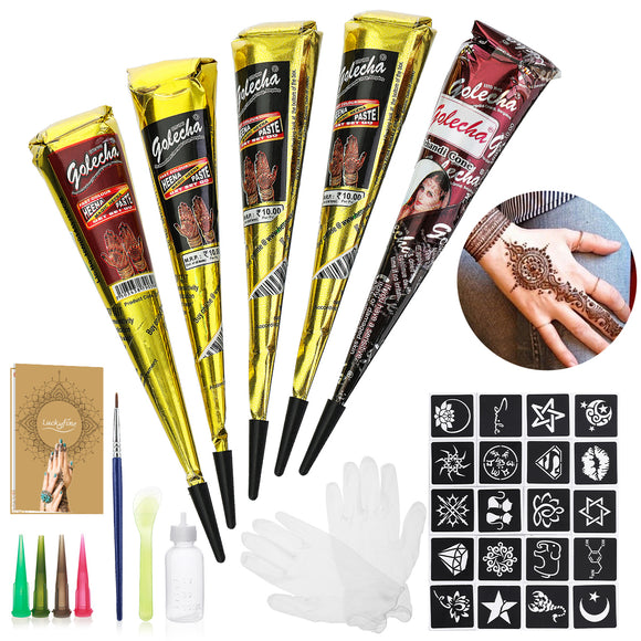 5Pcs Henna Tattoo Cream Set Temporary Tattoo Art Ink India Painting Tattoo Paste with 4Pcs Plastic Nozzle