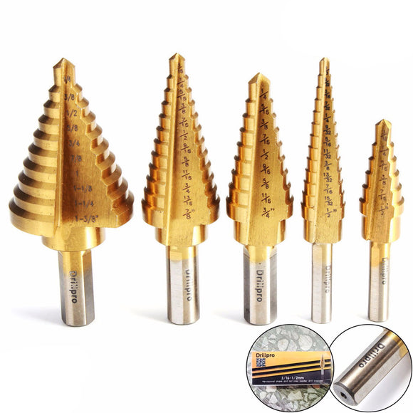 Drillpro DB-S4 HSS Titanium Pagoda Drill/Ladder Drill 1/4&3/8&1/2 Inch Round Shank Step Drill Bit