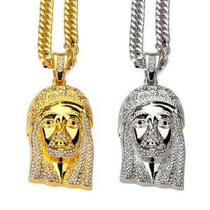 Men's Gold Silver Rhinestone Chain Hip Hop Jesus Zinc Alloy Necklace for Men