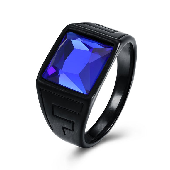 Fashion Titanium Steel Ring Blue Glass Gun Black Plated Ring Wholesale for Men