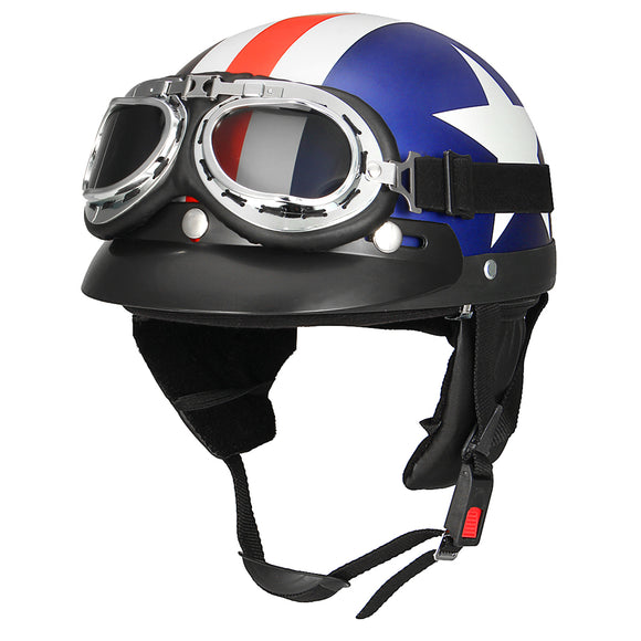 Retro White Star Motorcycle Half Face Helmet Biker Scooter With Sun Visor UV Goggles Cafe Racer