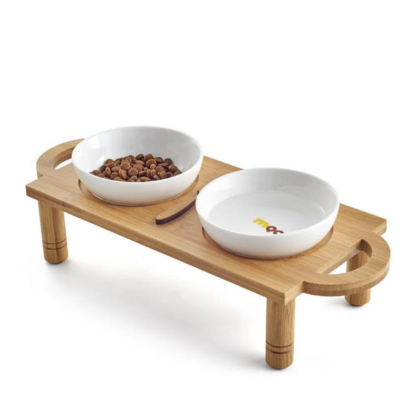 Ceramic Pet Bowl with Sturdy Bamboo Stand for Food and Water Bowls Pet Feeders Double Bowls Set