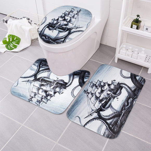 3Pcs Octopus Bathroom Rug Sailing Anti-slip Bath Carpet Toilet Seat Lid Rug Floor Mat
