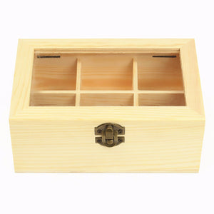 6 Compartments Wooden Tea Bag Jewelry Organizer Chest Storage Box Glass Top Log
