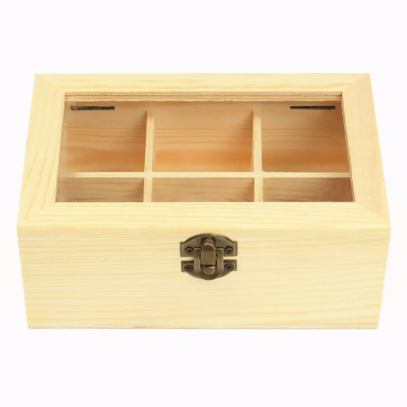 6 Compartments Wooden Tea Bag Jewelry Organizer Chest Storage Box Glass Top Log