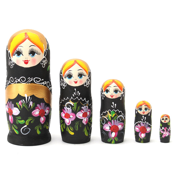NEW 5pcs/set Matryoshka Russian Nesting Dolls Babushka Wooden BLACK Gift Flowers