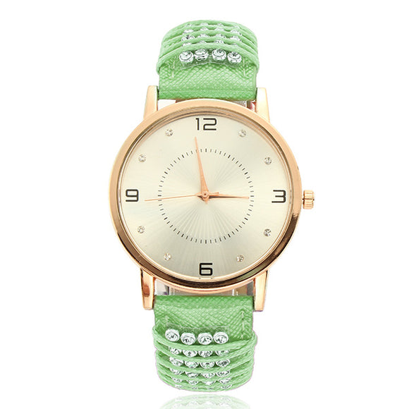8211 Fashion Rose-golden Round Dial Wristwatch Diamond Leather Band Quartz Watch