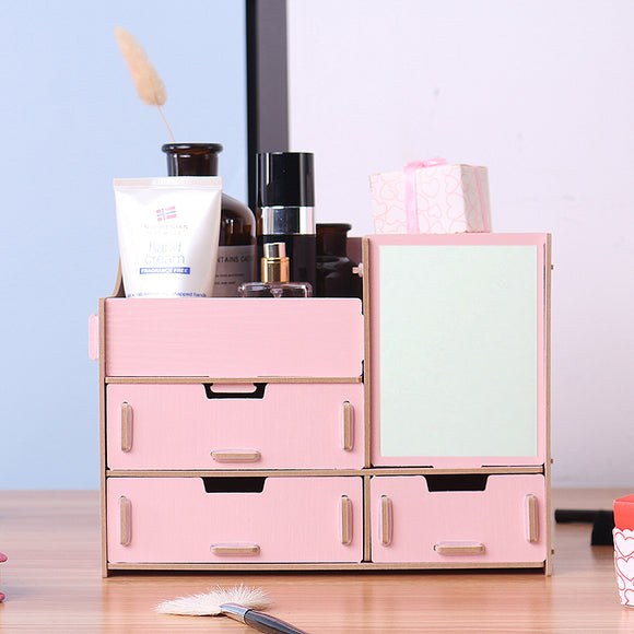 Wooden Cosmetics Storage Box with Mirror Dressing Box Storage Rack Makeup Organizer Storage Baskets