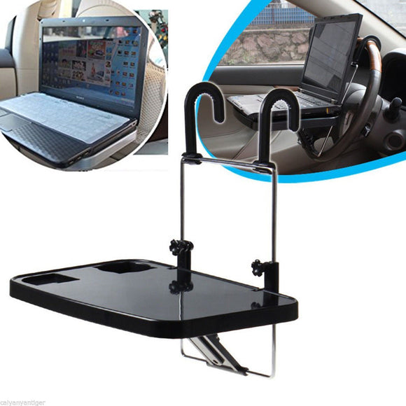 Car Laptop Desk Computer Fold Down Steel Ring Wheel Work Foldable Cup Holder Stand