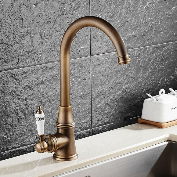 KCASA KC-9098 Retro Antique Brass Kitchen Sink Faucet Single Handle Rotation Spout Deck Cold and Hot