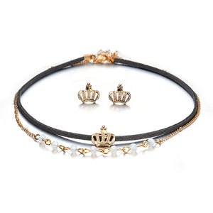 Punk Gold Crown Charm Double Layer Black Choker Fashion Crown Piercing Earrings for Women