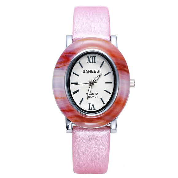 SANEESI Luxury Lady Watch Oval Imitation Jade Dial Leather Band Women Dress Clock Wristwatch