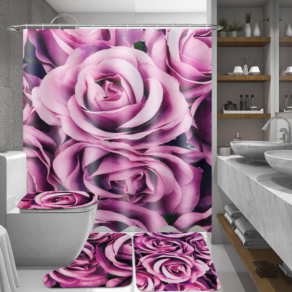 180x180cm Purple Rose Bathroom Shower Curtains With Hook + Toilet Mat + Rug