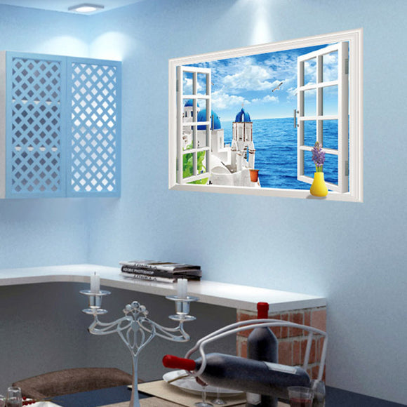 Miico Creative Fake Window Seaside Scene Removable Background Decorative Wall Decor Sticker