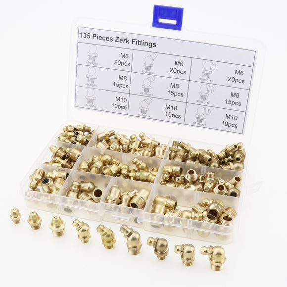 135pcs Hydraulic Metric Brass Zerk Grease Nipple Fitting Kit M6/M8/M10 Machinery Parts