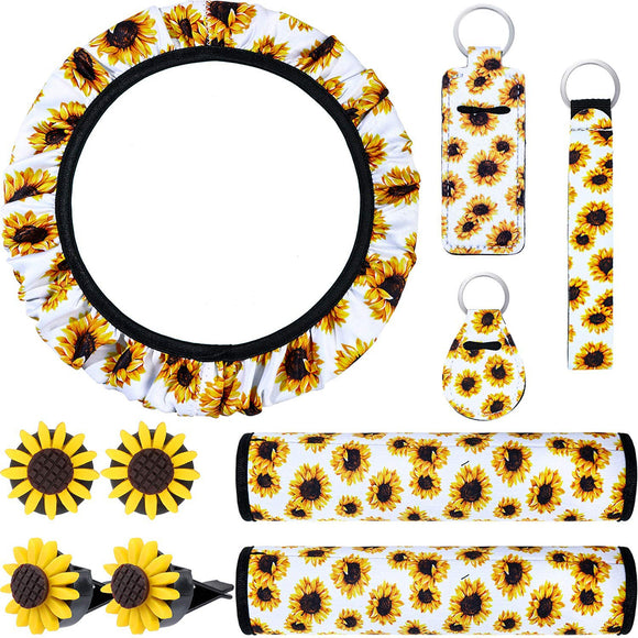 10pcs Sunflower Car Accessories Including Sunflower Steering Wheel Cover