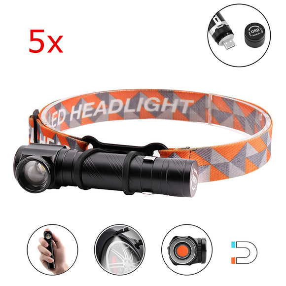 5pcs XANES XML-T6 1500Lumens 3Modes Multi-function Rechargeable Zoomable Tactical Magnetic Head LED Headlamp Led Flashlight 18650