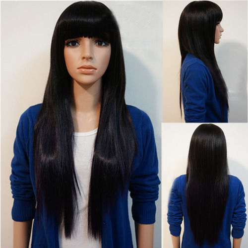 Fluffy Neat Bang  Long Straight High Temperature Silk Chemical Fiber Wig