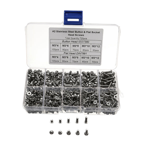 720pcs Stainless Steel M3 Button Flat Socket Head Screws Set Hex Socket Cap Screw Bolt