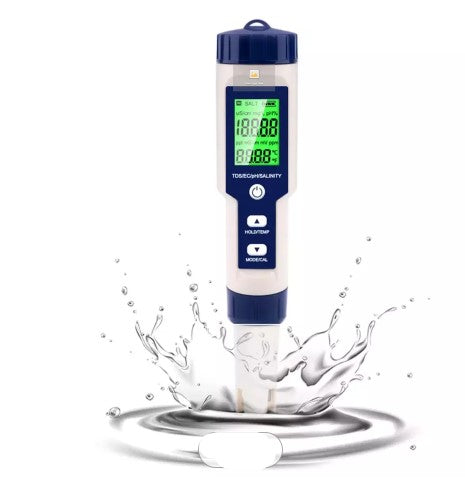 Portable 5 in 1 TDS/EC/PH/Salinity/Temperature Meter Digital Water Quality PH Tester forPools, Drinking Water, Aquariums
