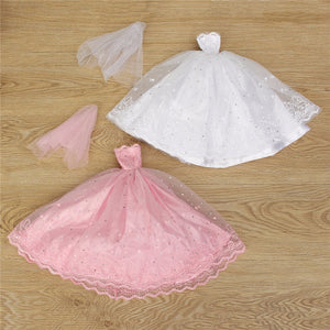 Pink White Princess Gown Wedding Dress For 30cm Dolls Kids Play Toy