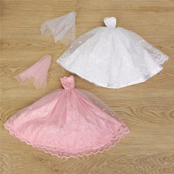 Pink White Princess Gown Wedding Dress For 30cm Dolls Kids Play Toy