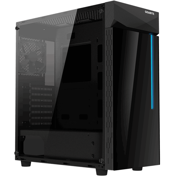 Gigabyte C200G - tempered Glass - black , intergrated RGB front strip with switch , dedicated chamber for psu + hdd bay  , no psu ( bottom placed psu design )