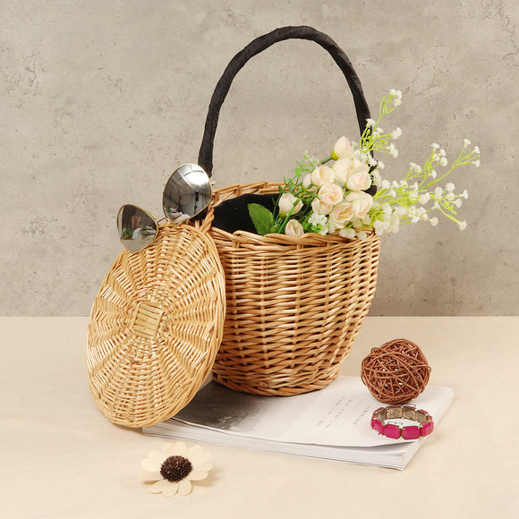 100% Handmade Straw Woven Tote Wicker Bag With Lid Bamboo Basket Handbag