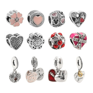 925 Silver Mixed Color Cherry Love Loose Beads Wings Pendant DIY Women Jewelry