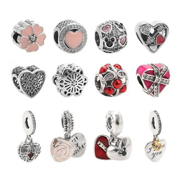925 Silver Mixed Color Cherry Love Loose Beads Wings Pendant DIY Women Jewelry