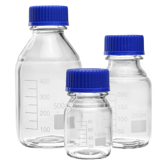 100/250/500mL Borosilicate Glass Clear Reagent Bottle Blue Screw Cap Lab Medical Storage Bottle