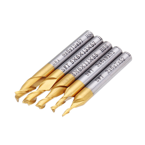 Drillpro 5pcs 2 Flute 2/3/4/5/6mm Milling Cutter HSS Titanium Coated 6mm Shank End Mill CNC Tool