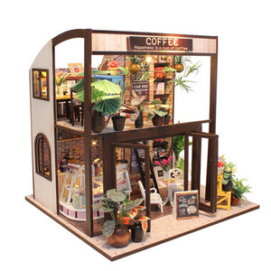 Cuteroom Handcraft DIY Doll House Time Cafe Toy Wooden Miniature Furniture LED Light Gift