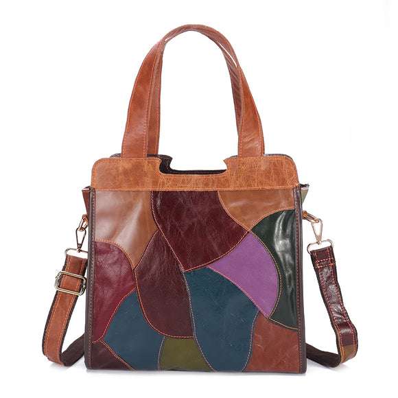 Women Patchwork Genuine Leather Tote Bags Large Capacity Handbag Bohemian Vintage Crossbody Bags