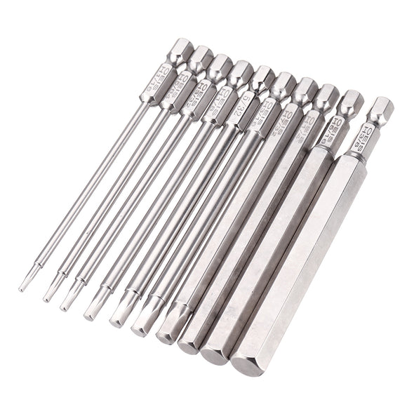 Drillpro 10Pcs 100mm 1/4 Inch Shank S2 Steel SAE Hex Head Allen Wrench Screwdriver Bit Drill Bit Set