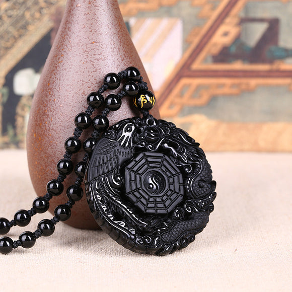 Black Obsidian Lucky Pendant Tai Ji Necklace Chain for Men Women Gift